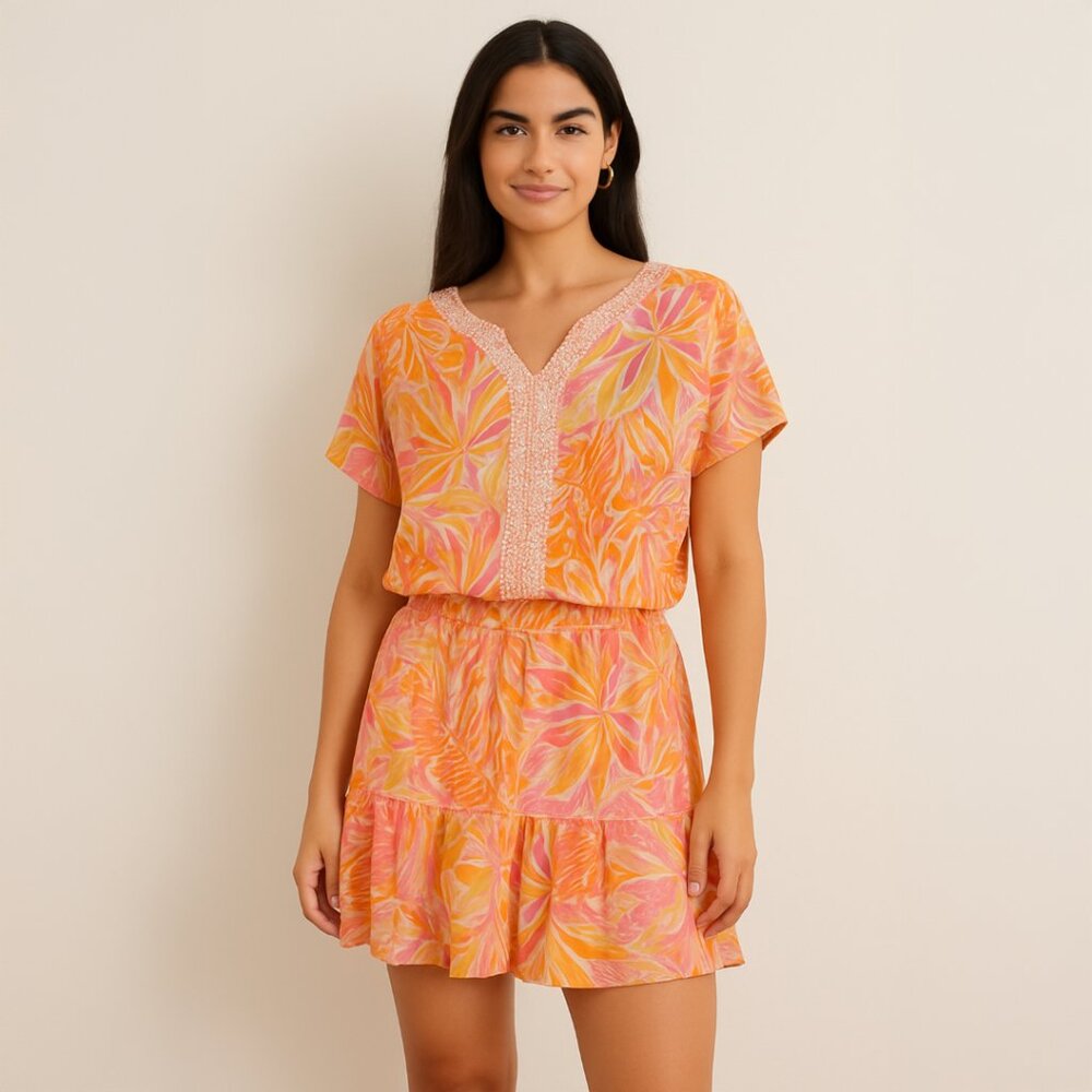 A453 β’ Tropical Leaf Print Blouse & Ruffle Skirt Set